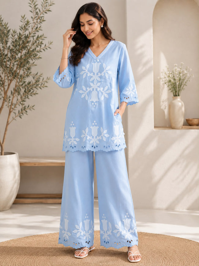 AARADHYA_FLORAL APPLIQUE CO-ORD SET-SKY BLUE