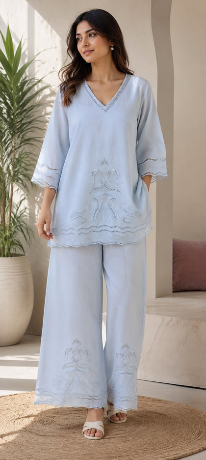 NEERJA-EMBROIDERED CO-ORD-SET ICE BLUE