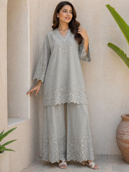 NOOR_EMBROIDERED CO-ORD SET-SILVER SAGE
