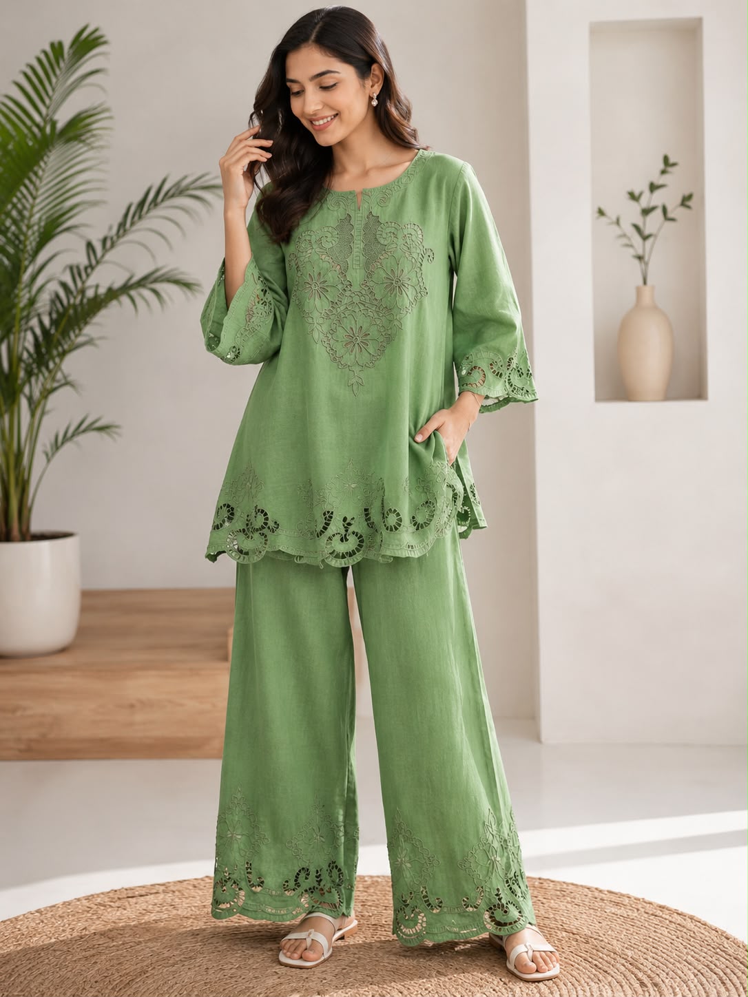 VANYA-CUTWORK EMBROIDERED CO-ORD SET-MEADOW GREEN