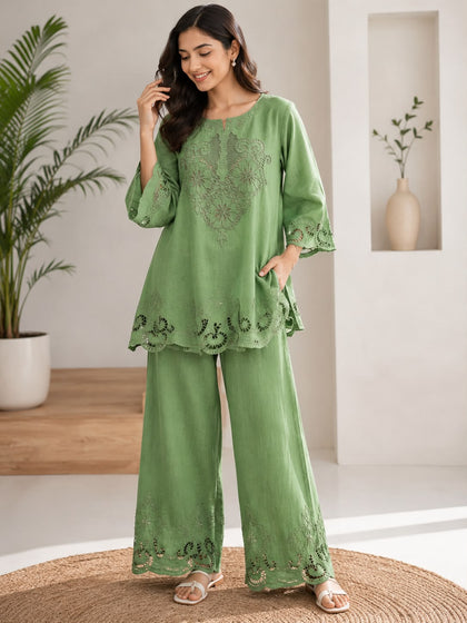 VANYA-CUTWORK EMBROIDERED CO-ORD SET-MEADOW GREEN